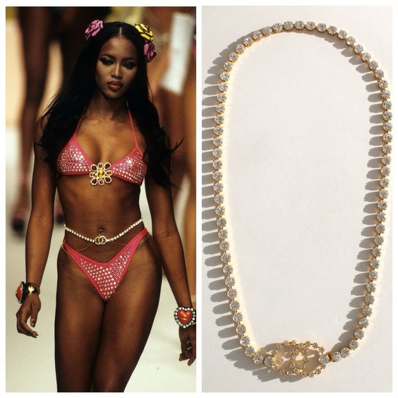 CHANEL Accessories - Chanel Vintage Barbie 1995 Crystal Rhinestone Embellished Chain Waist Gold Belt
